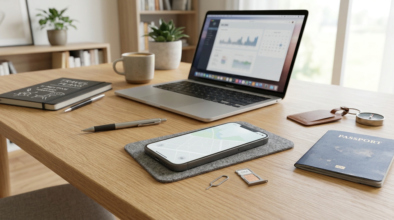 スマートフォンとSIMカード、パスポートやノートPCを並べた通信比較のイメージ