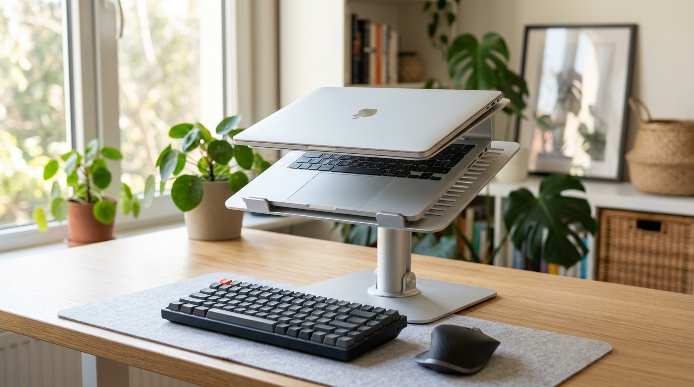 木製デスク上のノートPCスタンドにノートパソコンを載せた在宅ワークのイメージ